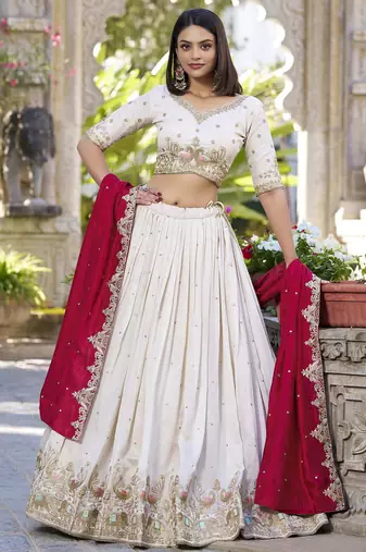 Womens's Chinnon Traditional Motiff Semi-Stitched Lehenga Choli With Dupatta Set