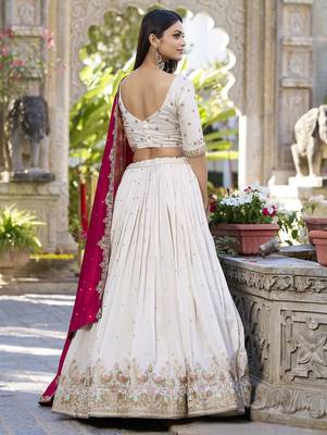 Womens's Chinnon Traditional Motiff Semi-Stitched Lehenga Choli With Dupatta Set 3