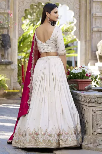Womens's Chinnon Traditional Motiff Semi-Stitched Lehenga Choli With Dupatta Set