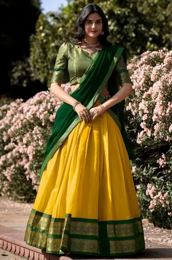 Womens's Kanchipuram Silk Woven Motiff Un-Stitched Lehenga Choli With Dupatta Set