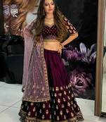 Womens's Velvet Traditional Motiff Semi-Stitched Lehenga Choli With Dupatta Set