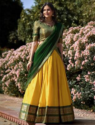 Womens's Kanchipuram Silk Woven Motiff Un-Stitched Lehenga Choli With Dupatta Set 3