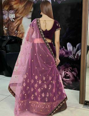 Womens's Velvet Traditional Motiff Semi-Stitched Lehenga Choli With Dupatta Set 4