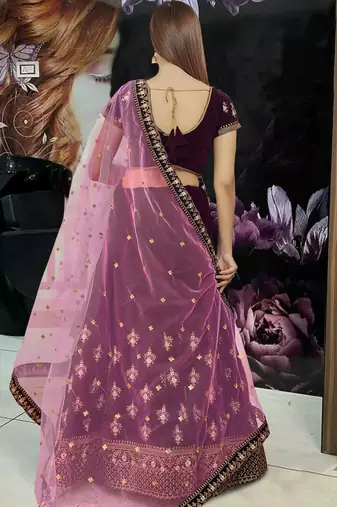 Womens's Velvet Traditional Motiff Semi-Stitched Lehenga Choli With Dupatta Set