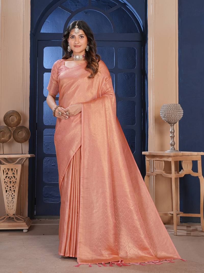 Peach Silk Belnd Saree For This Wedding Seasons ethnic saree wear