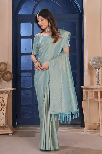 sky blue zari woven kanjivaram silk saree