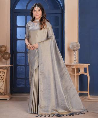 grey zari woven kanjivaram silk saree 1