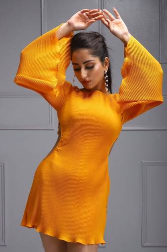 Orange pleated bell sleeve dress