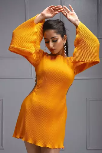 Orange pleated bell sleeve dress