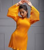 Orange pleated bell sleeve dress