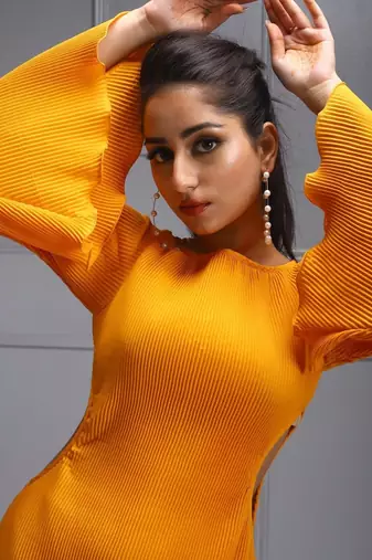Orange pleated bell sleeve dress
