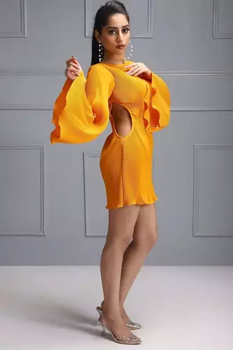 Orange pleated bell sleeve dress