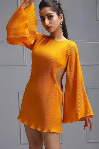 Orange pleated bell sleeve dress
