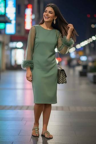 Feather cuff sage dress