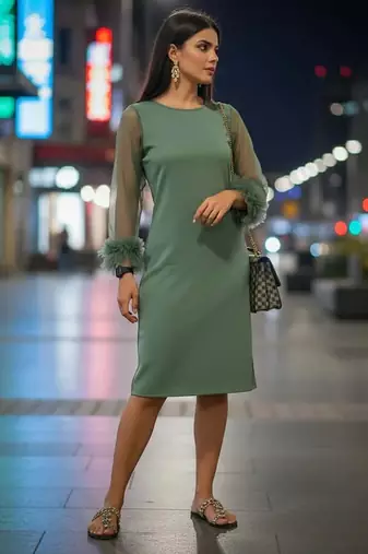 Feather cuff sage dress
