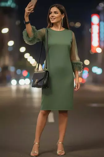 Feather cuff sage dress