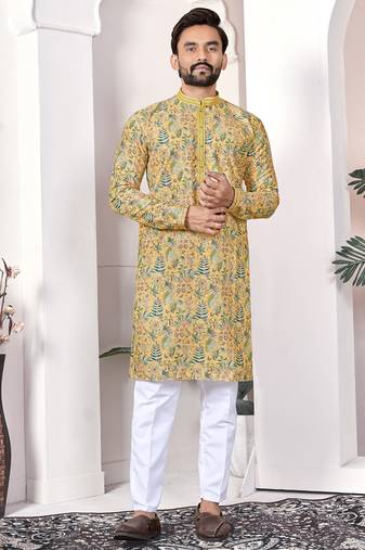 yellow cotton digital print kurta set for men