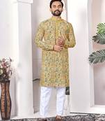 yellow cotton digital print kurta set for men