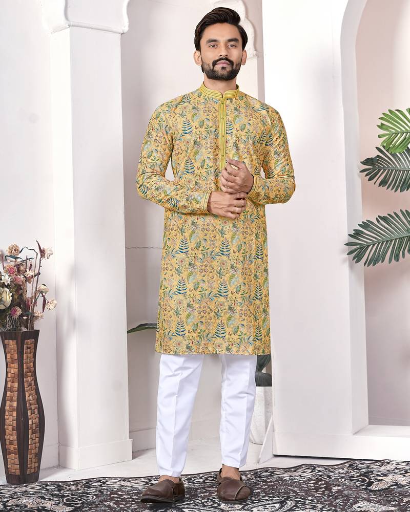 yellow cotton digital print kurta set for men