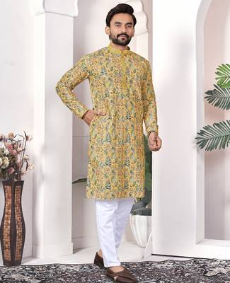 yellow cotton digital print kurta set for men 2