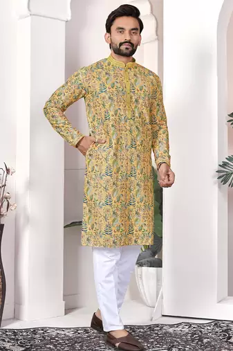 yellow cotton digital print kurta set for men