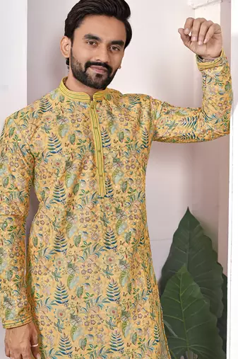 yellow cotton digital print kurta set for men
