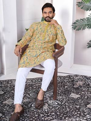 yellow cotton digital print kurta set for men 4