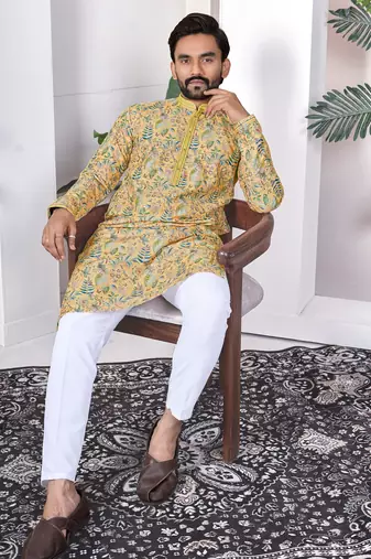 yellow cotton digital print kurta set for men