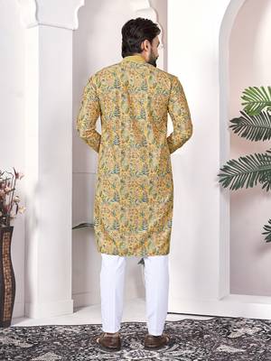 yellow cotton digital print kurta set for men 5