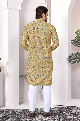 yellow cotton digital print kurta set for men