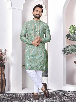 light green cotton digital print kurta set for men 1