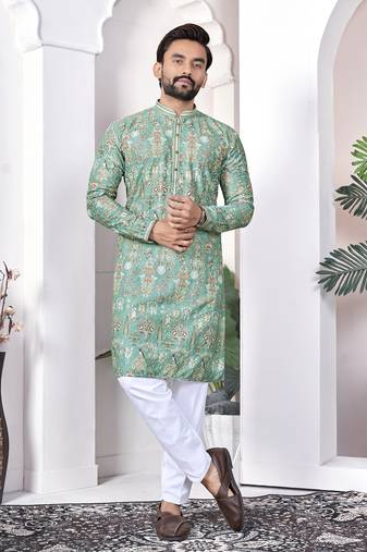 light green cotton digital print kurta set for men