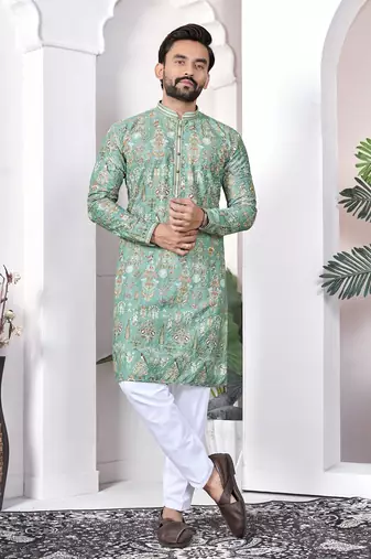 light green cotton digital print kurta set for men