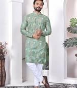 light green cotton digital print kurta set for men