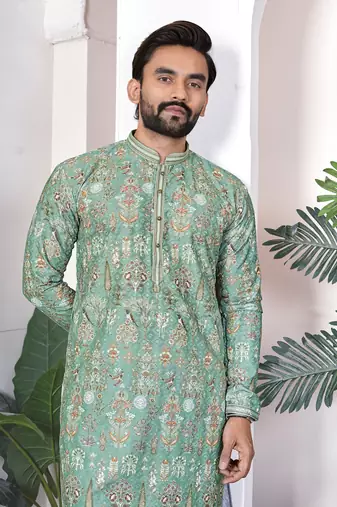 light green cotton digital print kurta set for men