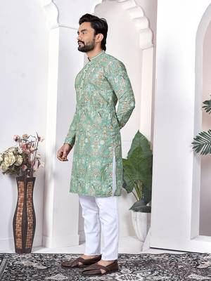 light green cotton digital print kurta set for men 3