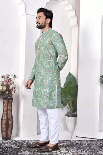 light green cotton digital print kurta set for men