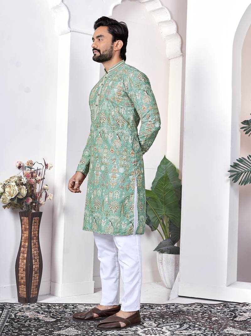 light green cotton digital print kurta set for men
