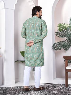 light green cotton digital print kurta set for men 4