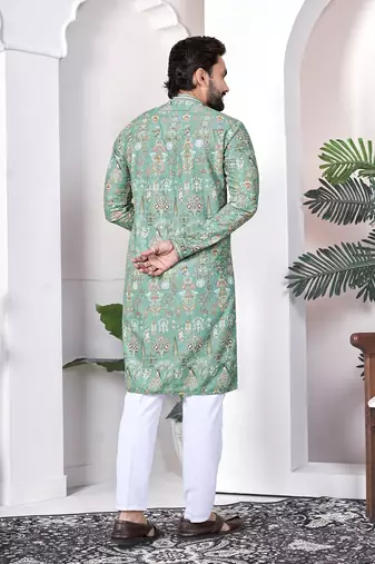 light green cotton digital print kurta set for men