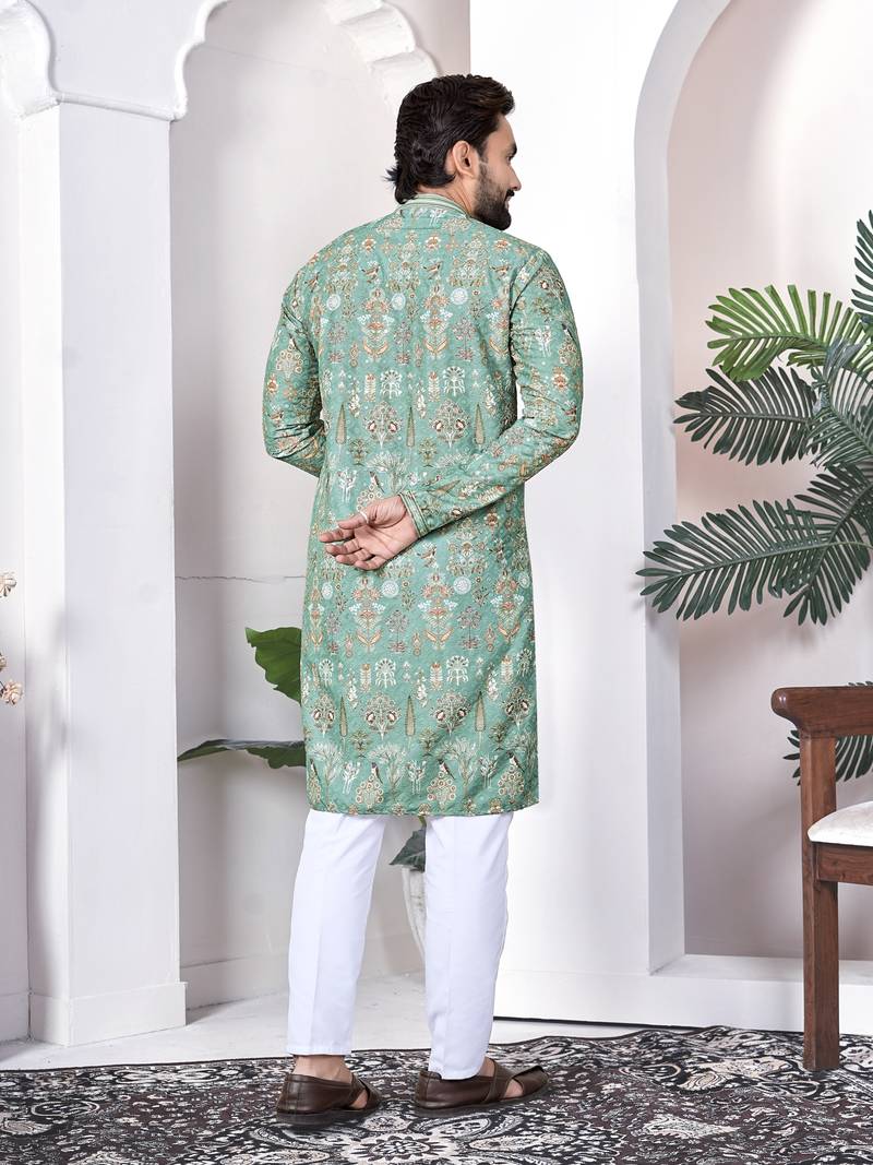 light green cotton digital print kurta set for men