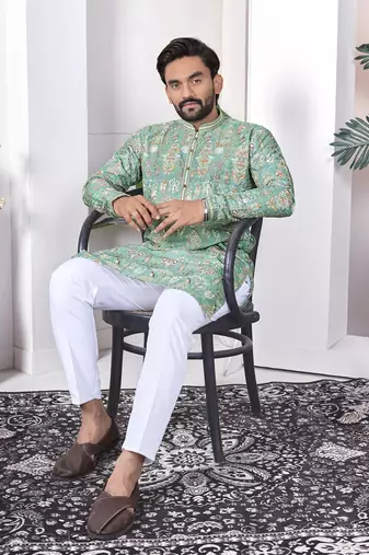 light green cotton digital print kurta set for men