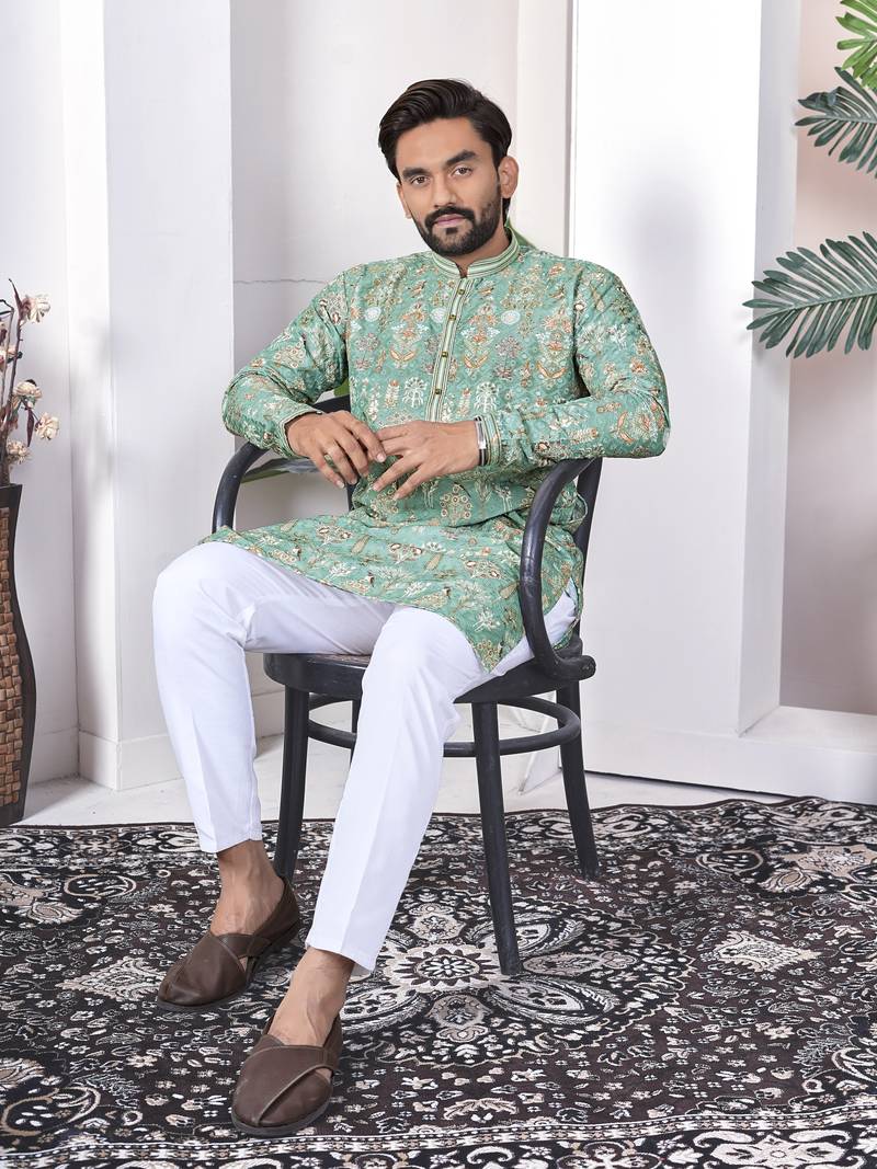 light green cotton digital print kurta set for men
