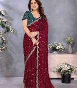 maroon soft silk crush saree with sequin embroidery