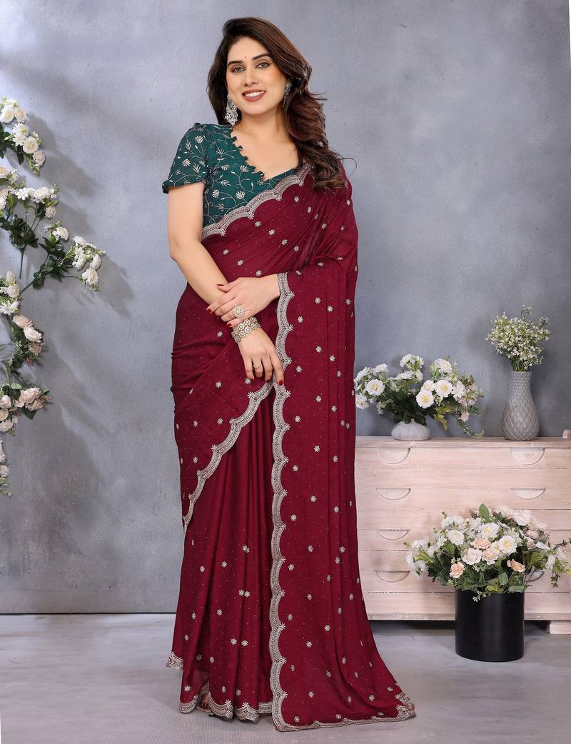 Maroon soft silk crush saree with sequence embroidery work and contrast blouse piece