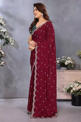 maroon soft silk crush saree with sequin embroidery
