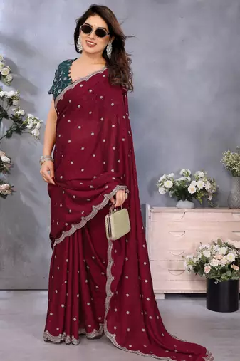 maroon soft silk crush saree with sequin embroidery