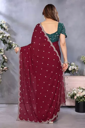 maroon soft silk crush saree with sequin embroidery