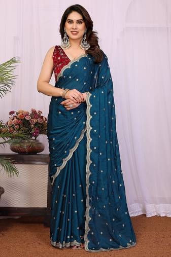 Teal soft silk crush saree with sequence embroidery work and contrast blouse piece