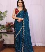 teal soft silk crush saree with sequin embroidery